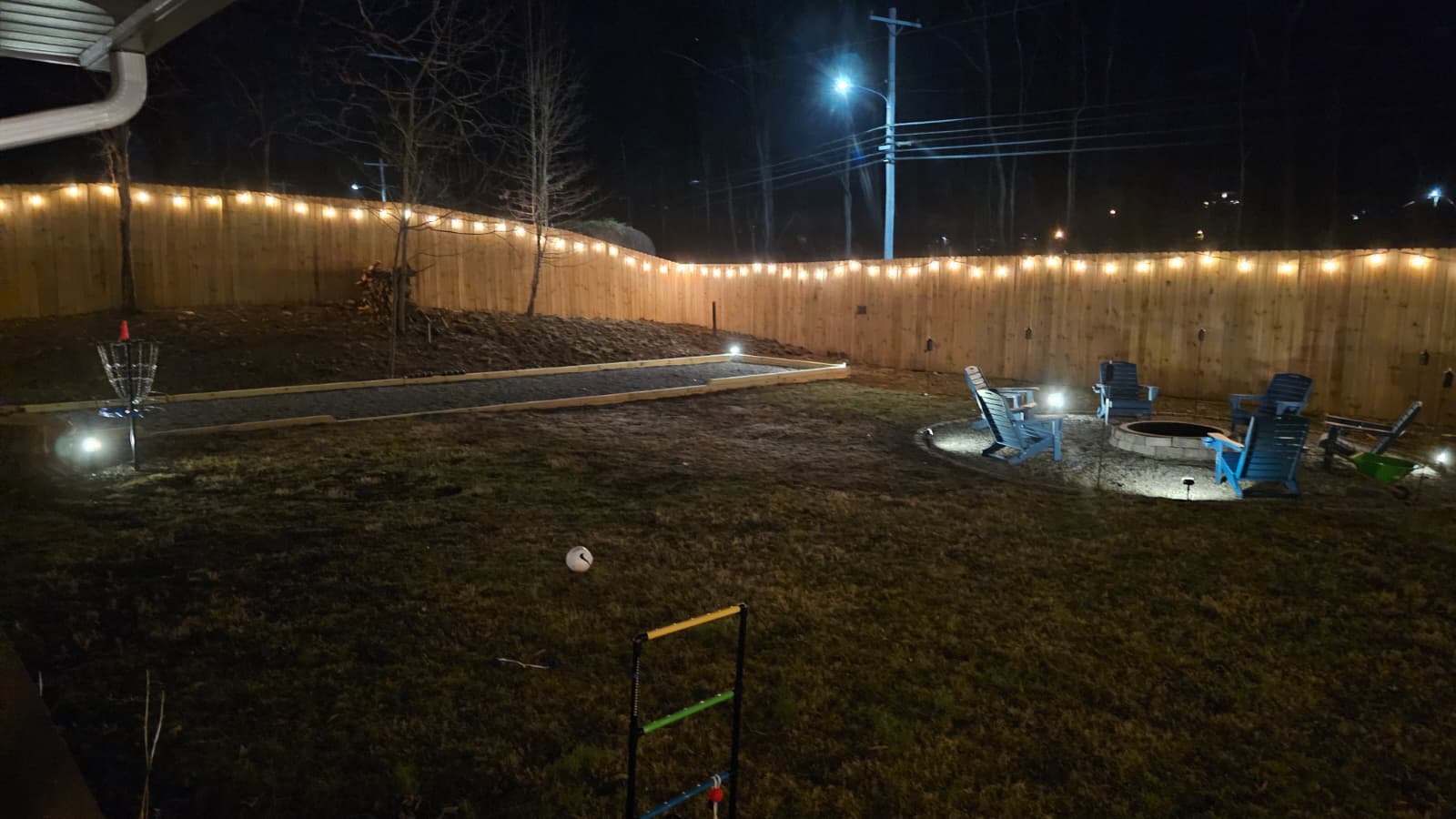 Outdoor fire pit area with evening ambiance